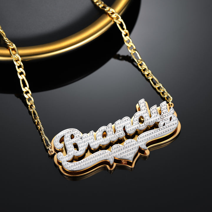 Double Plated Pop Out Heart Name Necklace W/ Figaro Chain