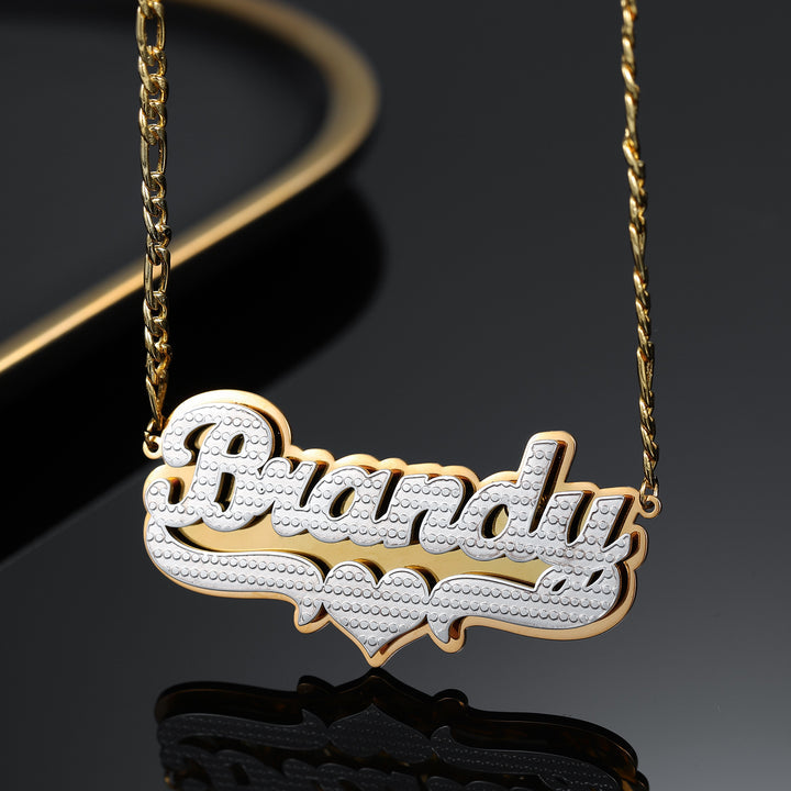 Double Plated Pop Out Heart Name Necklace W/ Figaro Chain