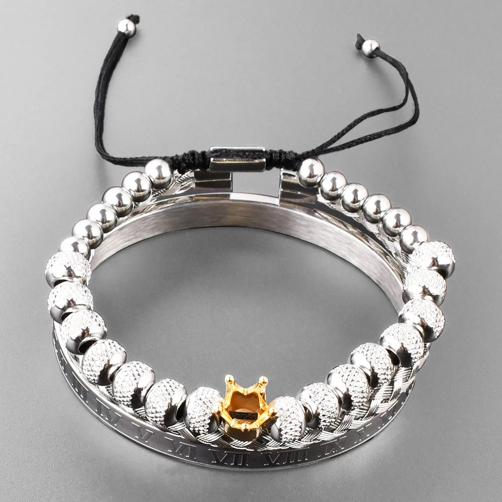Mens Luxury Crown Bead Bracelet Stack