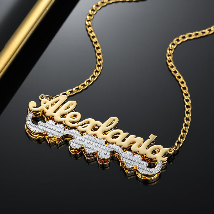 Double Plated Triple Heart Name Necklace W/ Cuban Chain