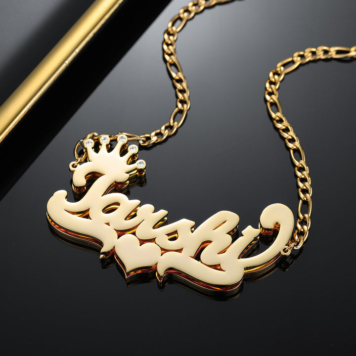 Double Plated Crown Heart Name Necklace W/ Figaro Chain