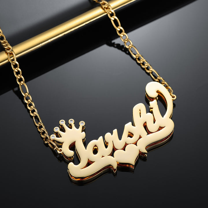 Double Plated Crown Heart Name Necklace W/ Figaro Chain