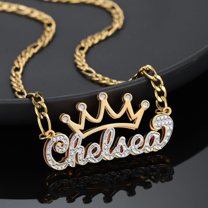 Double Plated Crown Name Necklace W/ Figaro Chain