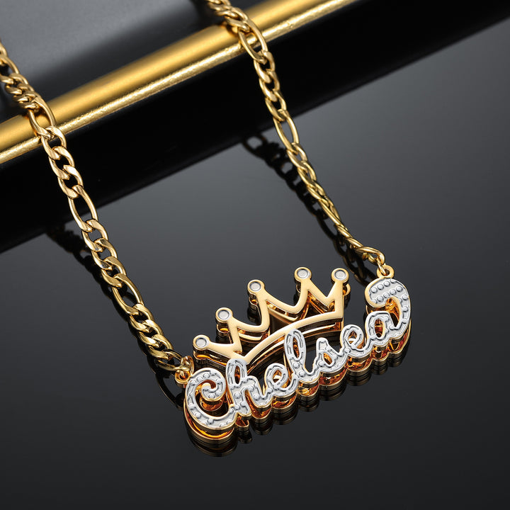 Double Plated Crown Name Necklace W/ Figaro Chain