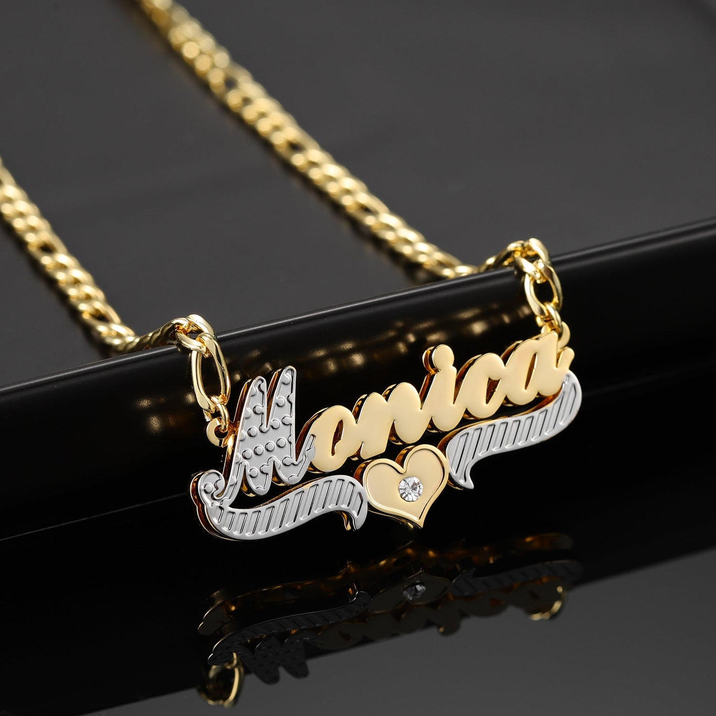 Custom Double Plate Two Tone Heart Name Necklace