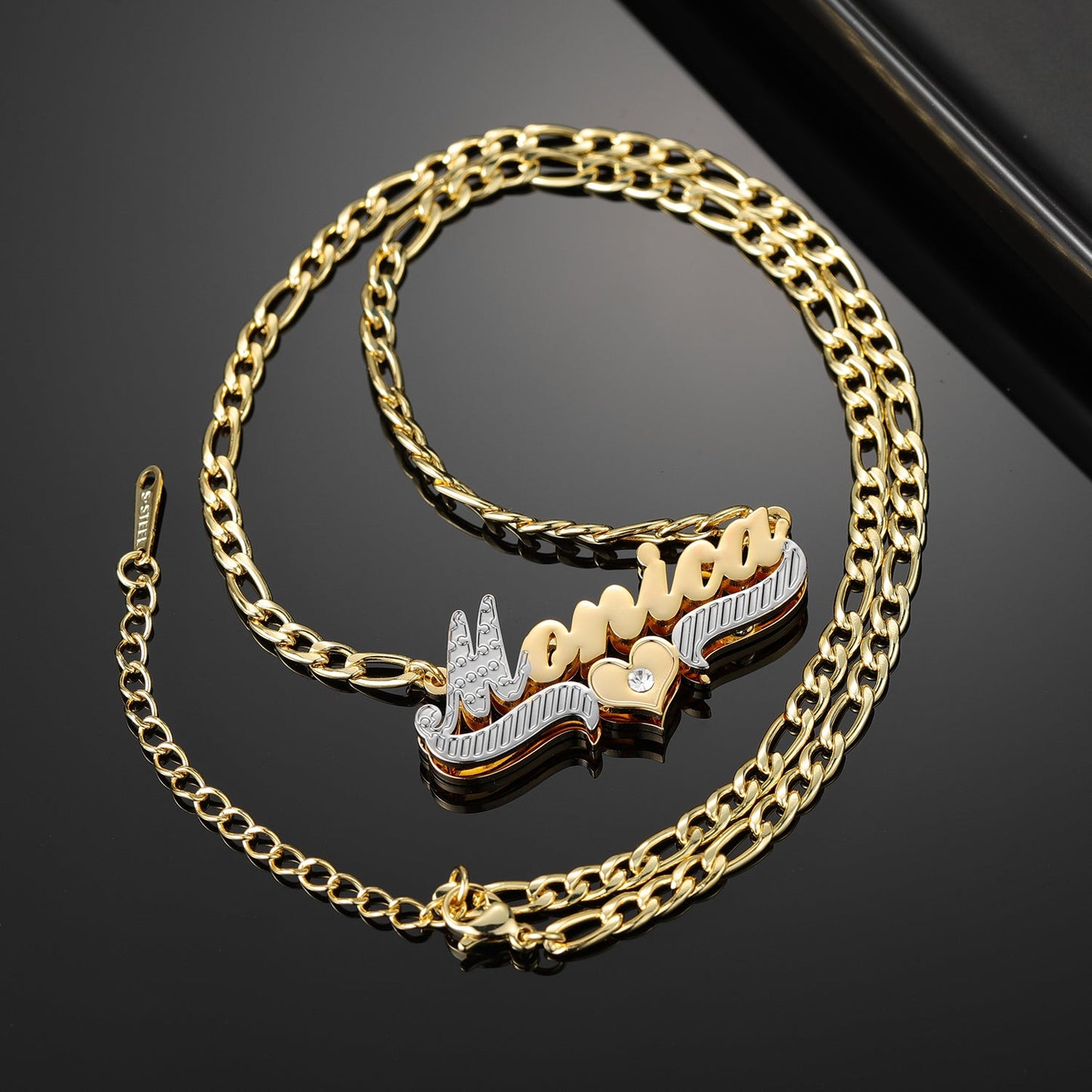 Custom Double Plate Two Tone Heart Name Necklace