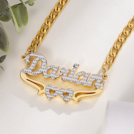 Two-Tone Name  Double Heart Necklace