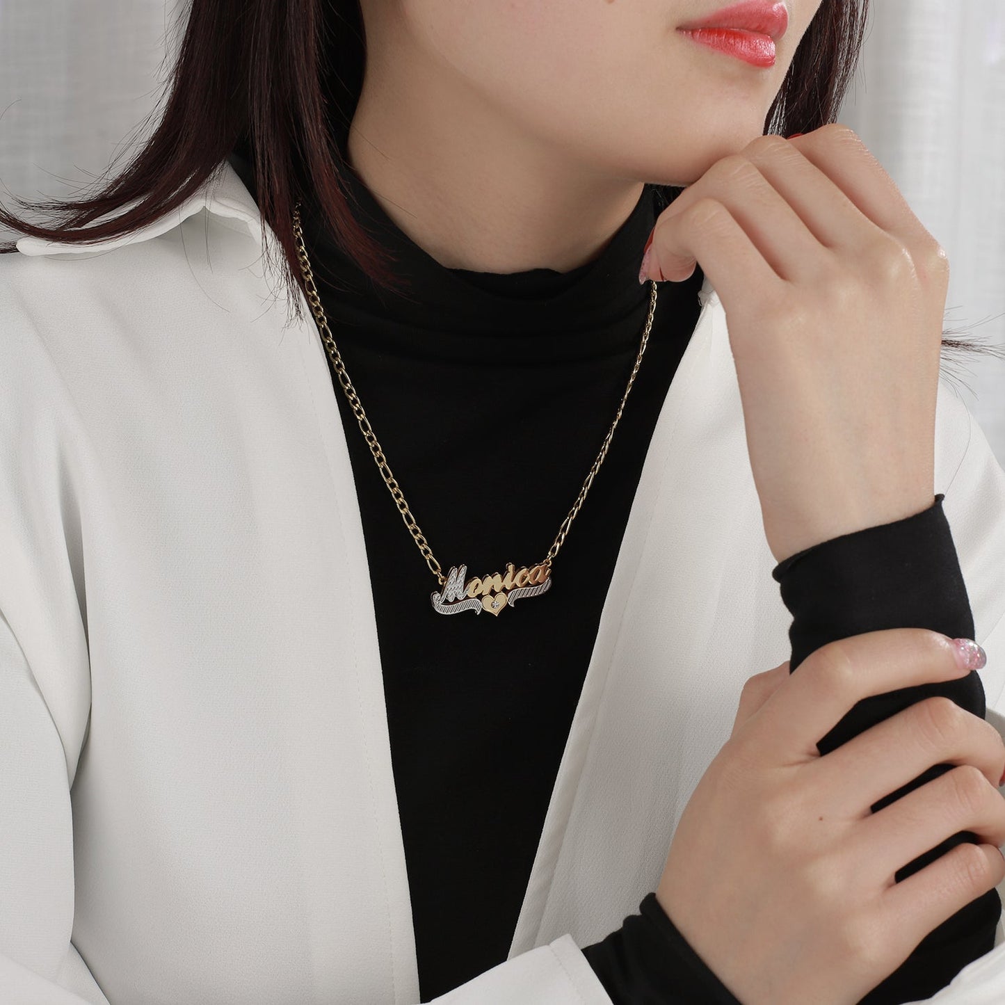 Custom Double Plate Two Tone Heart Name Necklace