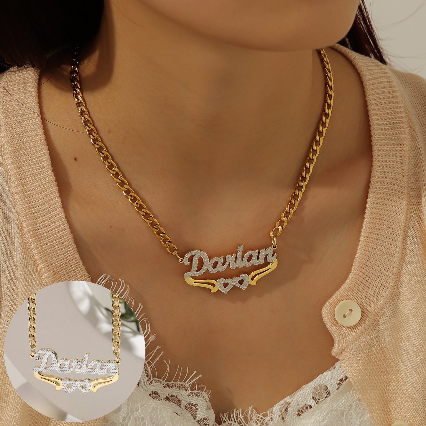 Two-Tone Name  Double Heart Necklace