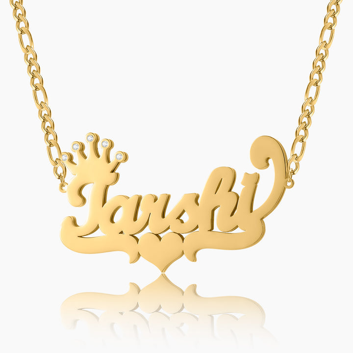 Double Plated Crown Heart Name Necklace W/ Figaro Chain