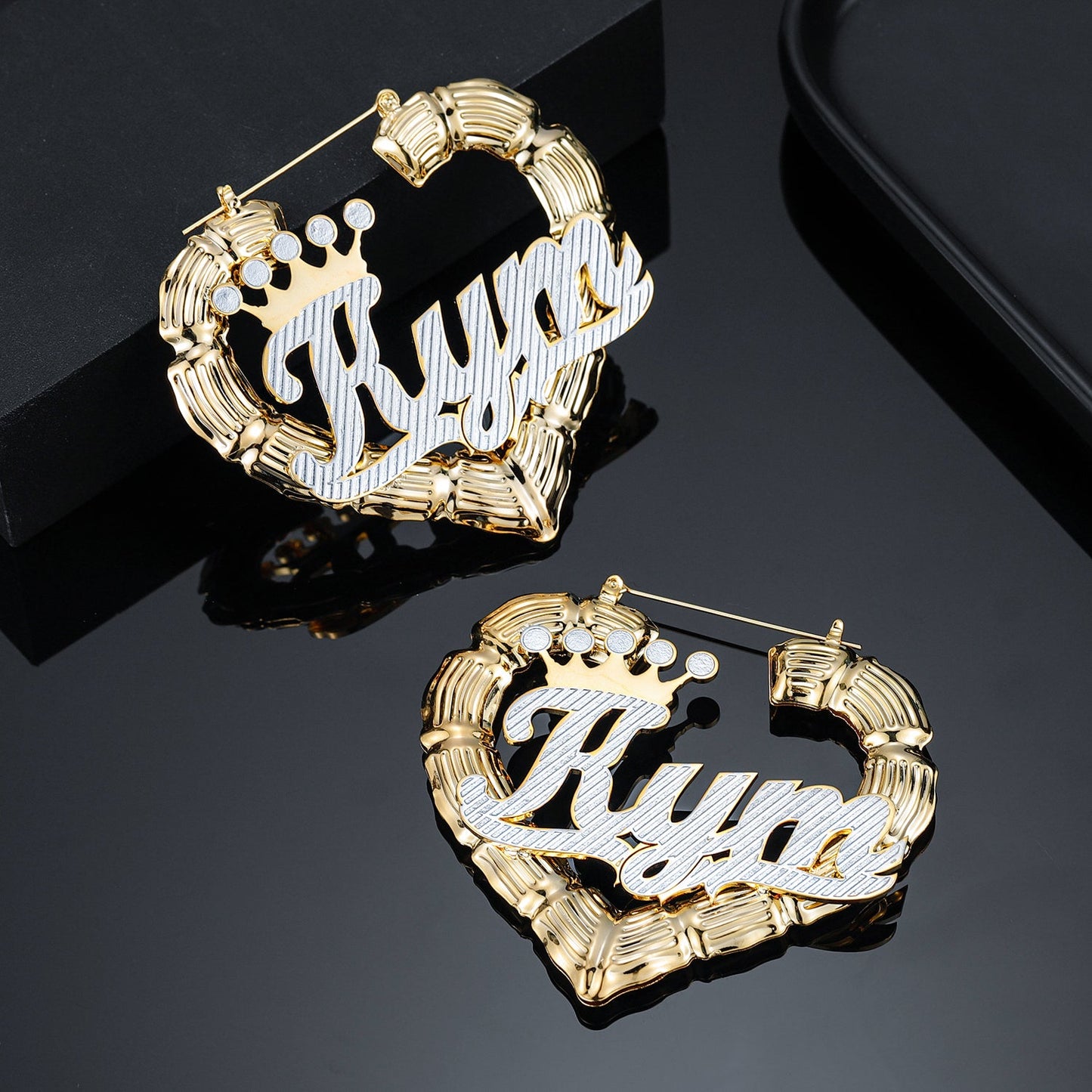 Boucles d'oreilles de nom de coeur bambou à deux tons qe530