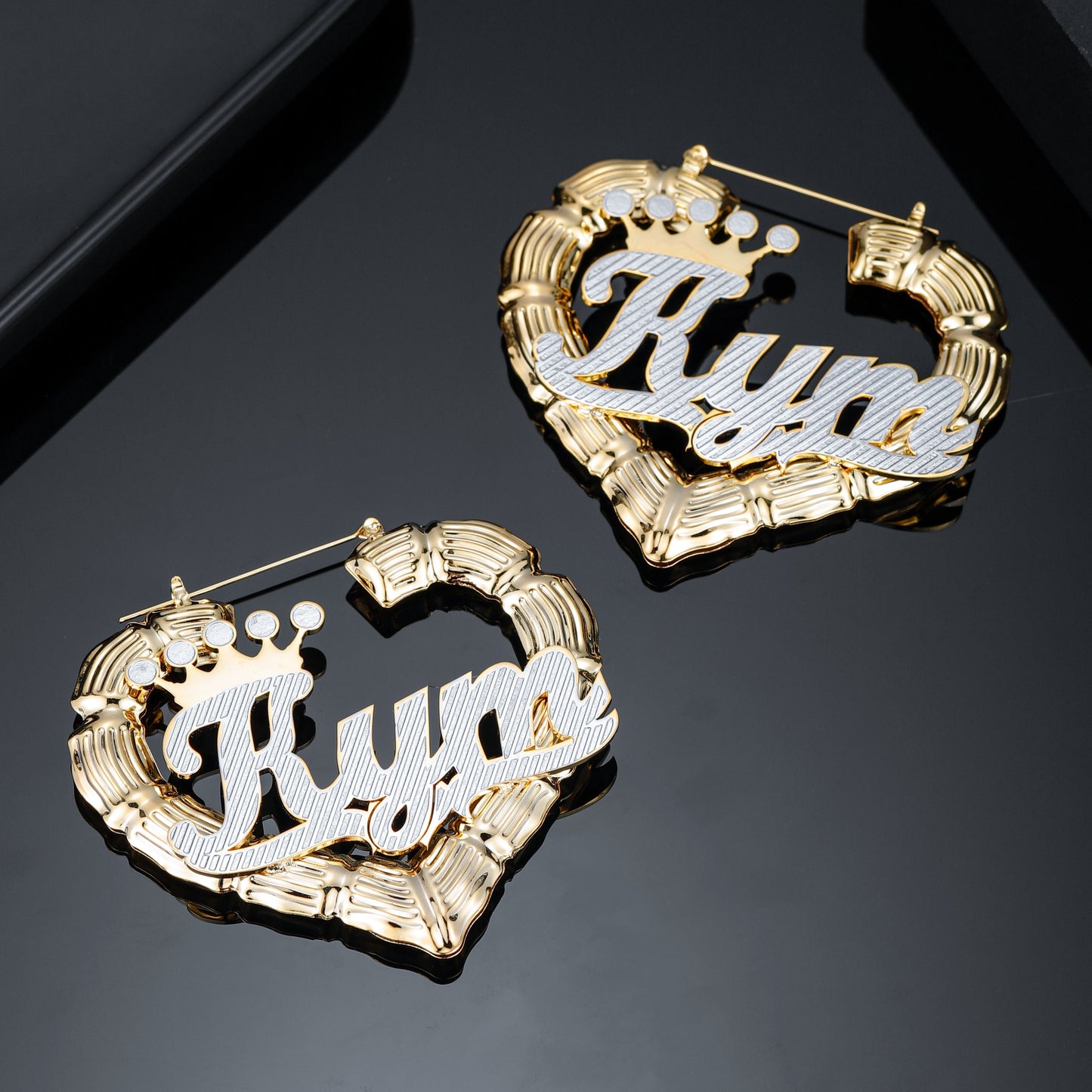 Boucles d'oreilles de nom de coeur bambou à deux tons qe530