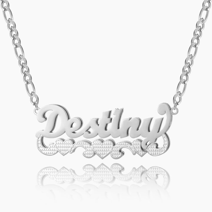 Double Plated Triple Heart Name Necklace W/ Cuban Chain