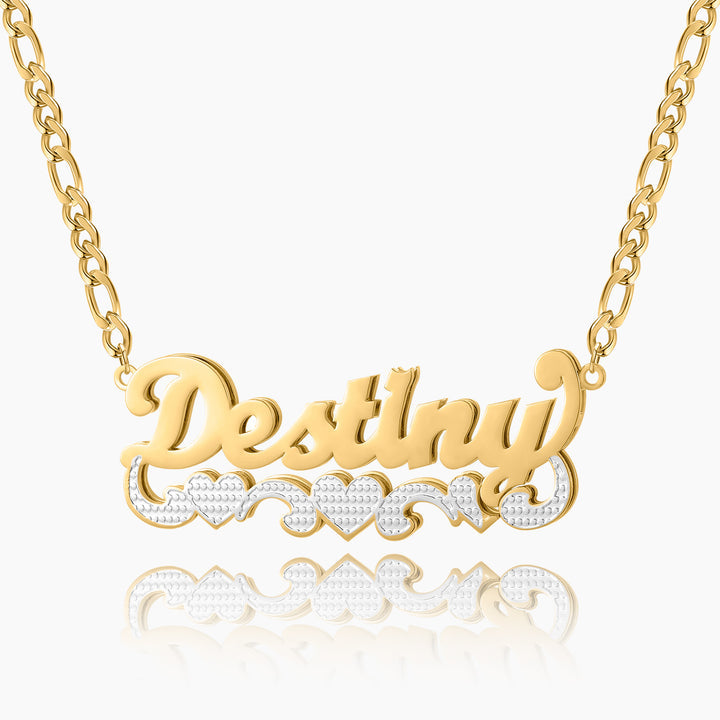 Double Plated Triple Heart Name Necklace W/ Cuban Chain