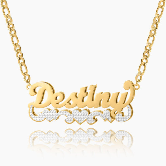 Double Plated Triple Heart Name Necklace W/ Cuban Chain