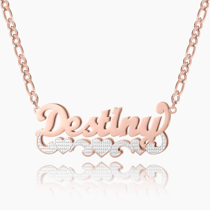 Double Plated Triple Heart Name Necklace W/ Cuban Chain