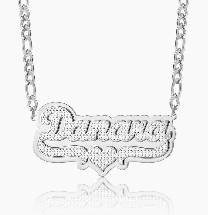Double Plated Pop Out Heart Name Necklace W/ Figaro Chain