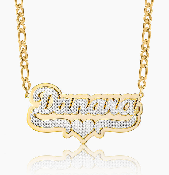 Double Plated Pop Out Heart Name Necklace W/ Figaro Chain