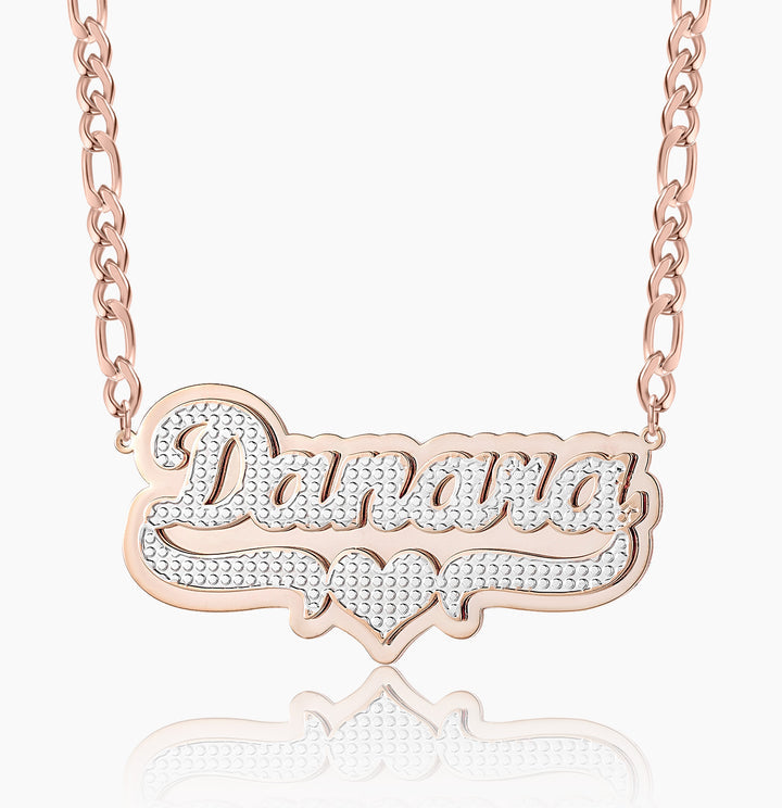 Double Plated Pop Out Heart Name Necklace W/ Figaro Chain