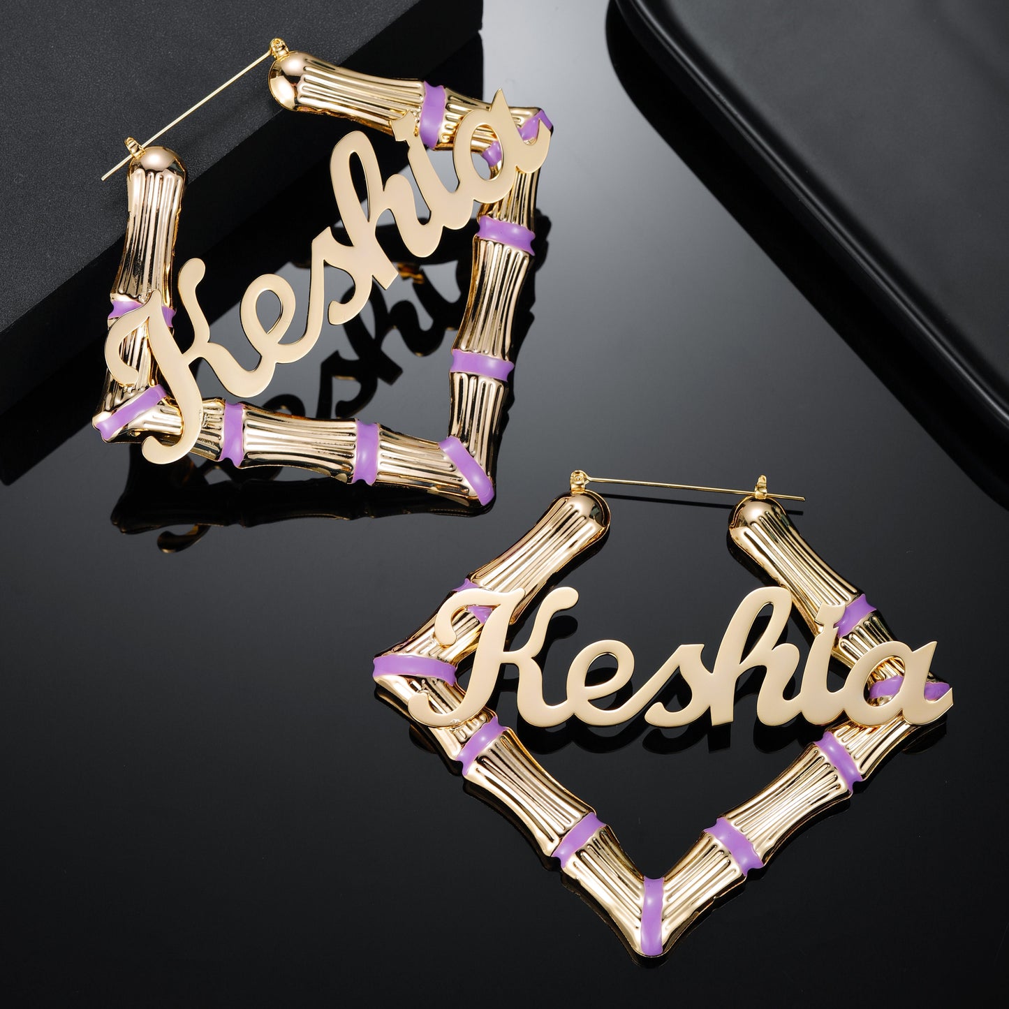 Purple Square Name Bamboo Earrings QE414