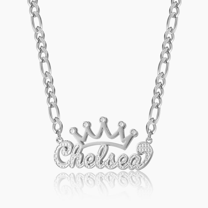 Double Plated Crown Name Necklace W/ Figaro Chain
