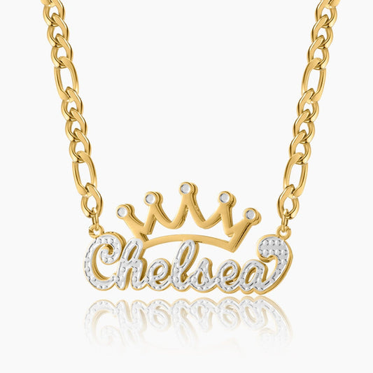 Double Plated Crown Name Necklace W/ Figaro Chain