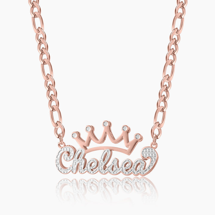 Double Plated Crown Name Necklace W/ Figaro Chain