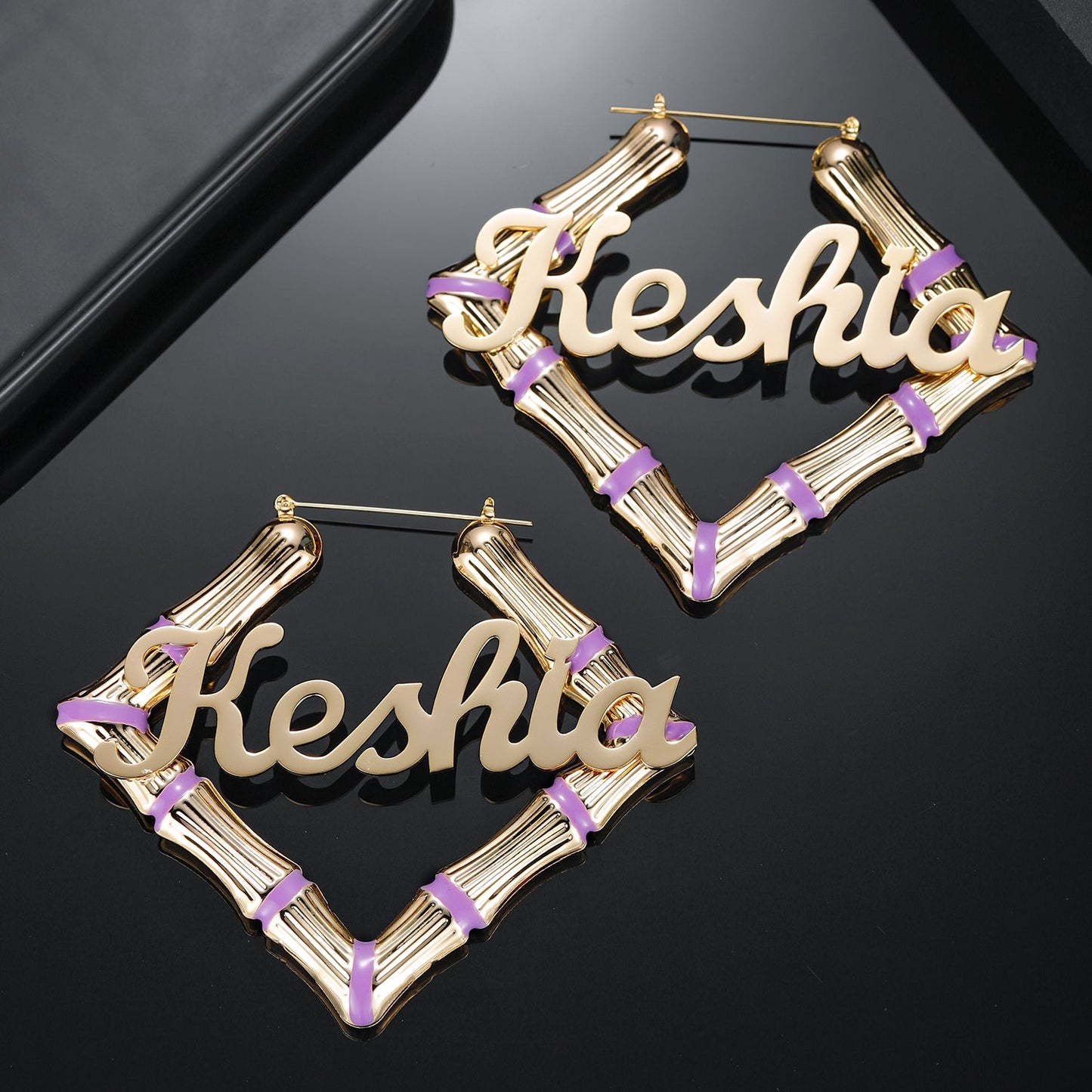 Purple Square Name Bamboo Earrings QE414