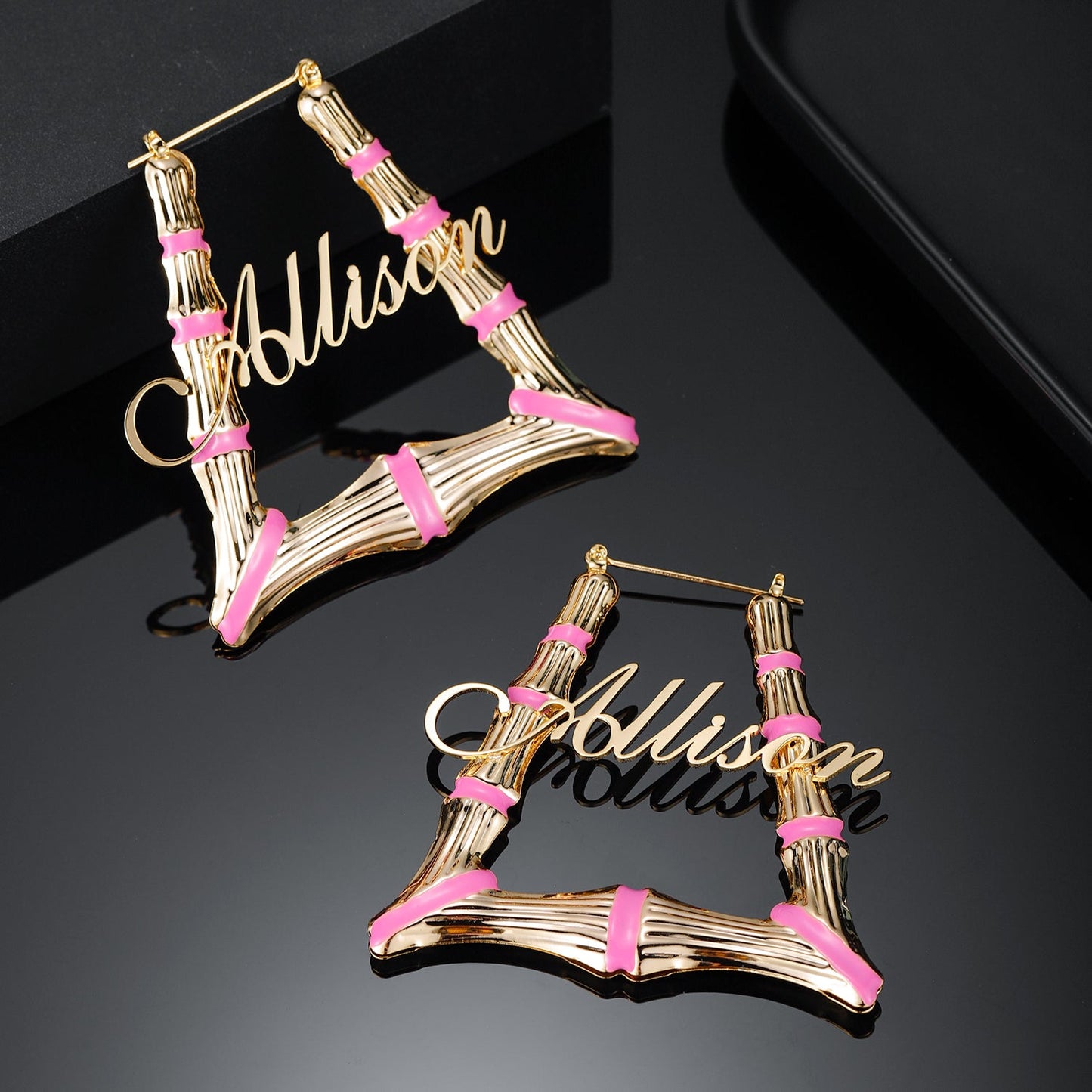 Pink Trapezoid Name Bamboo Earrings QE415