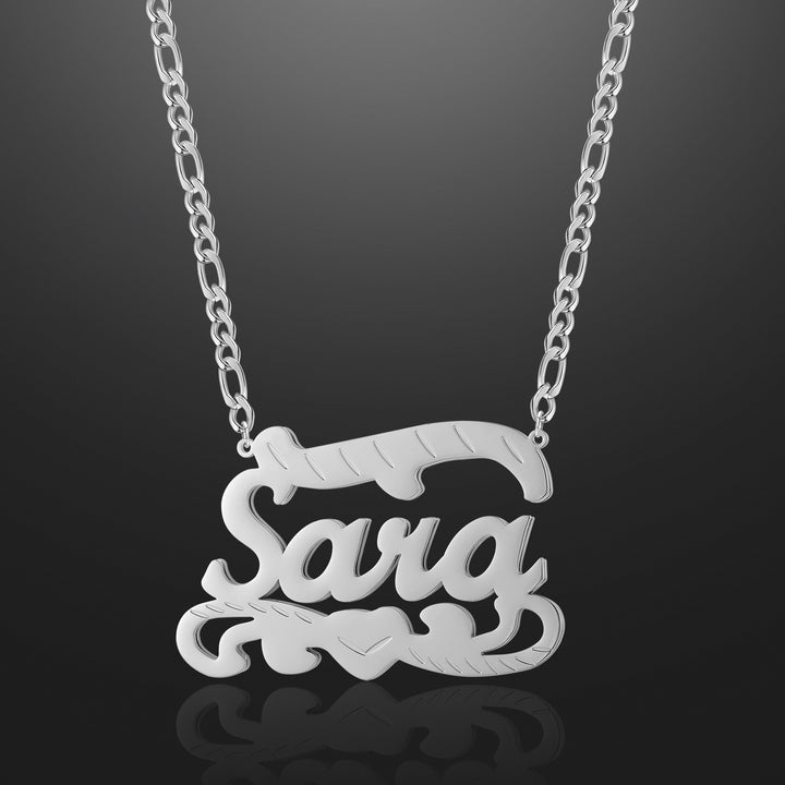 Double Plated Name Heart Necklace W/ Figaro Chain