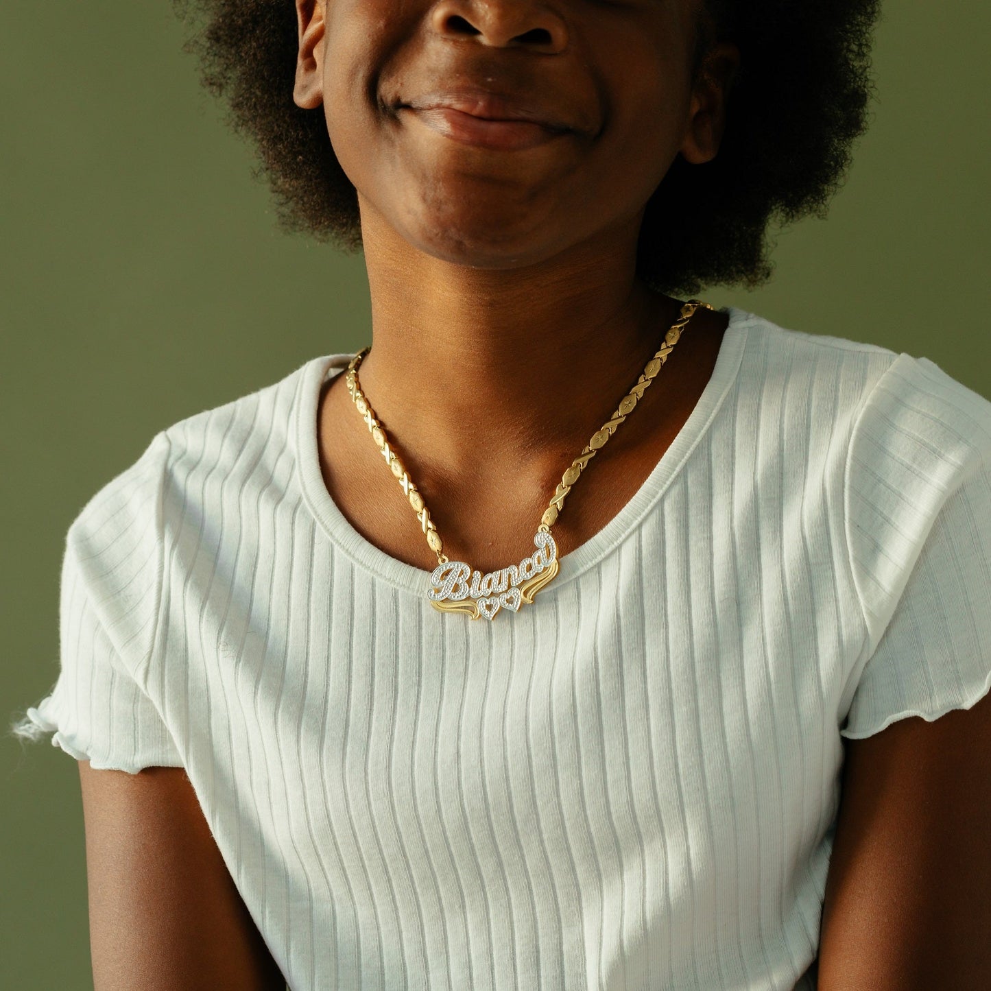 Collar de nombre de corazón chapado doble para niños